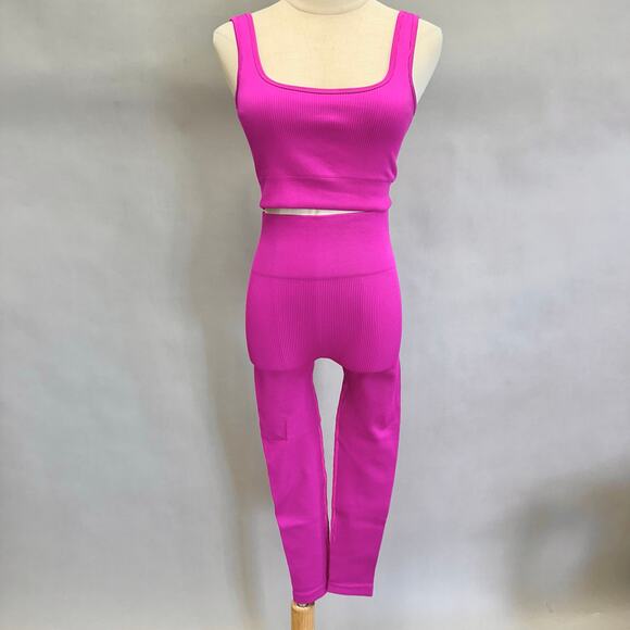 Amazon ribbed seamless button scrunch leggings & sports bra set pink size medium - Picture 1 of 12